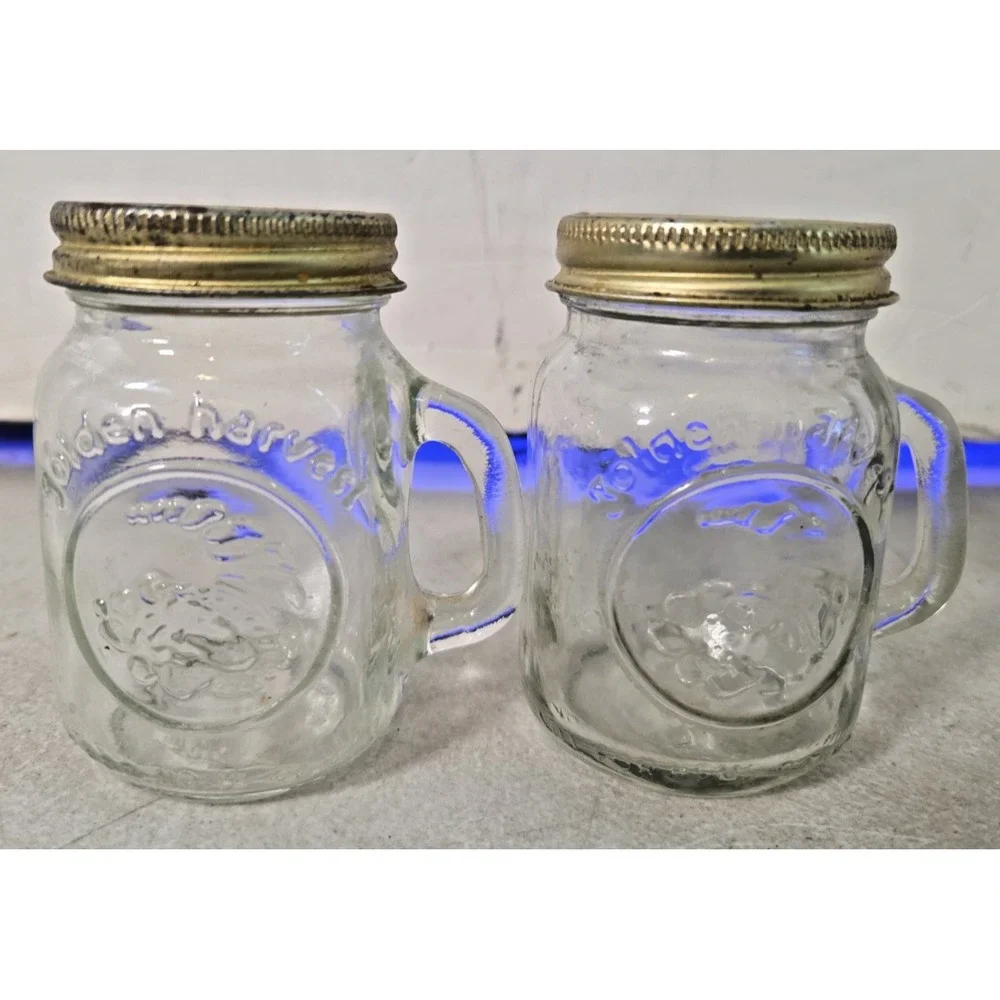 VTG Golden Harvest Mason Jar Glass Salt & Pepper Shaker Set of 2 Metal Lids